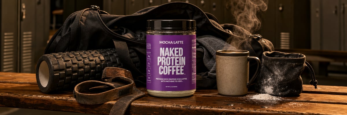 Naked Protein Coffee tub in an open gym bag on a wooden locker room bench with workout gear