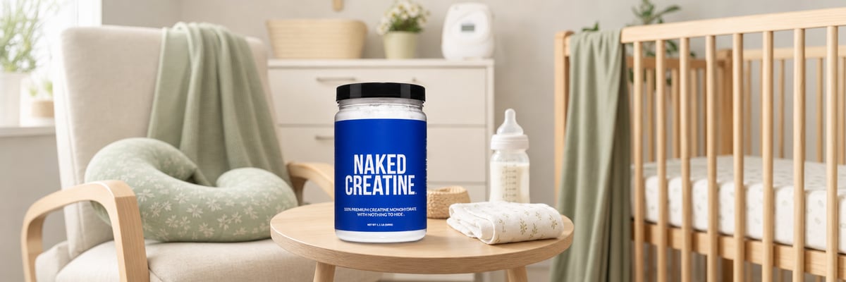 Naked Creatine tub on chalk-dusted Olympic lifting platform beside a worn leather belt