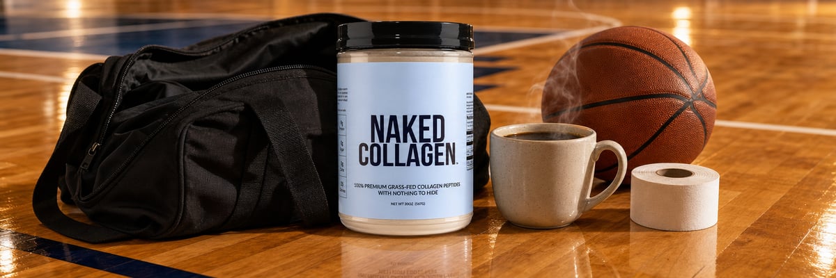 Naked Collagen tub beside a steaming coffee mug on a basketball court sideline
