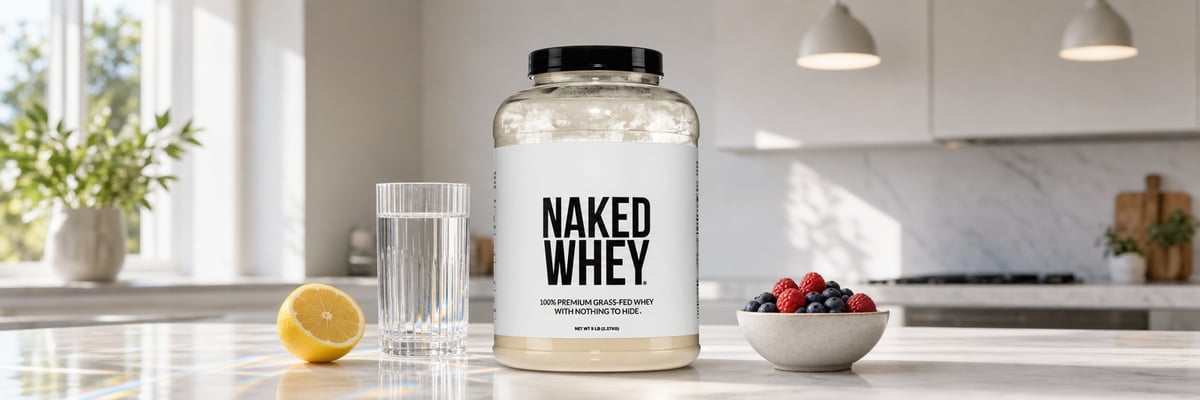 Naked Whey protein tub on marble countertop beside water, lemon, and fresh berries.