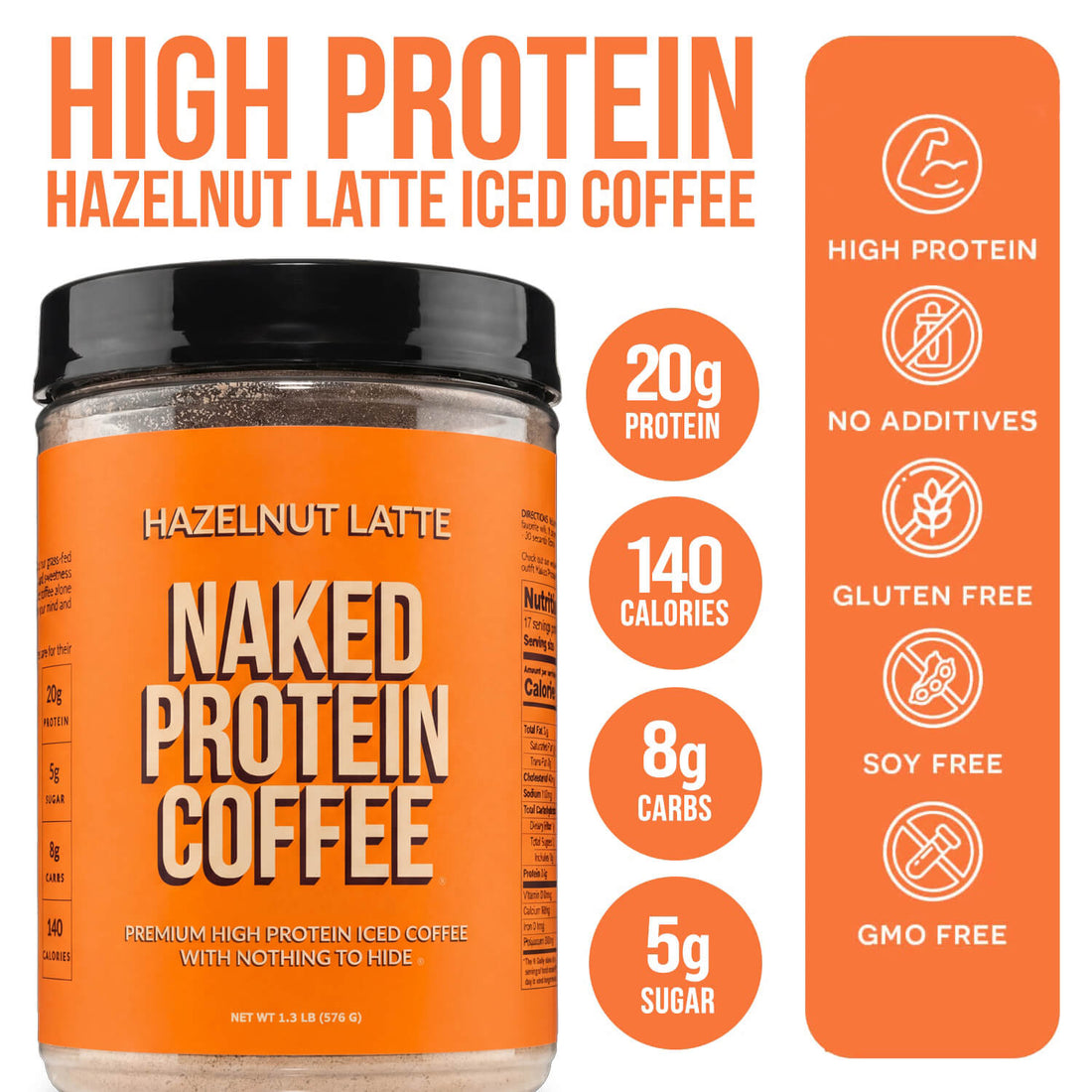 Hazelnut Latte Protein Iced Coffee | Naked Protein Coffee - 17 Servings