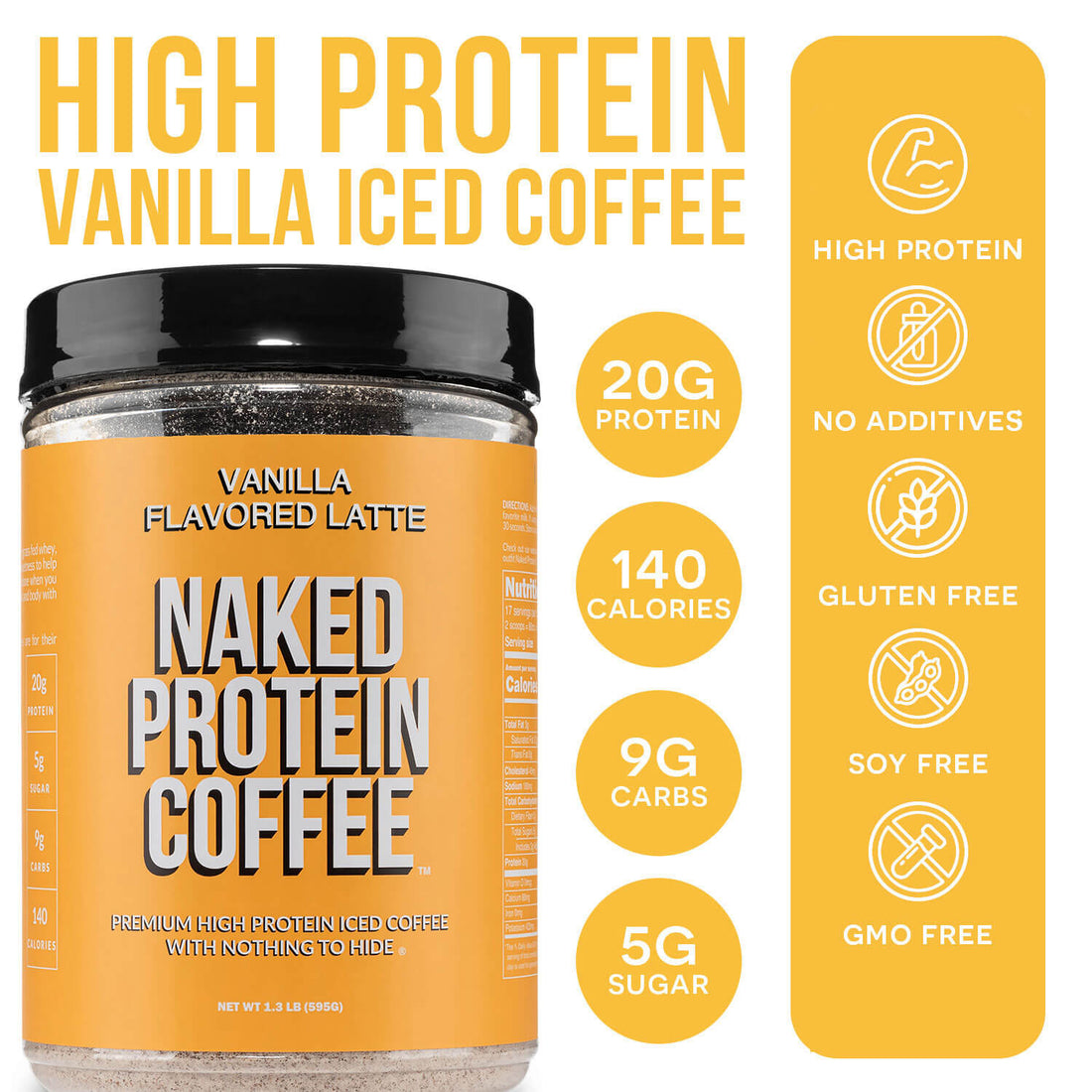 Café helado proteico con leche y vainilla | Café proteico Naked - 17 porciones
