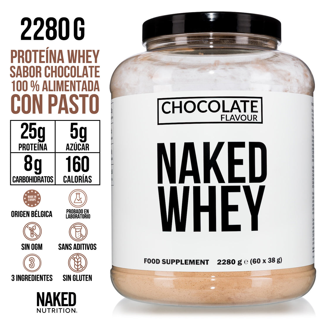 Proteína de suero de leche en polvo con sabor a chocolate | Naked Chocolate Whey - 5 libras