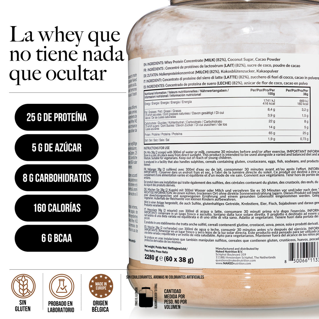 Proteína de suero de leche en polvo con sabor a chocolate | Naked Chocolate Whey - 5 libras