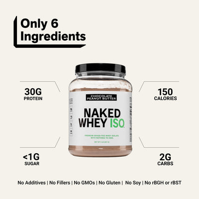 Polvo de proteína aislada de suero de leche alimentado con pasto sabor chocolate y mantequilla de maní | Aislado de suero Naked Whey - 2LB