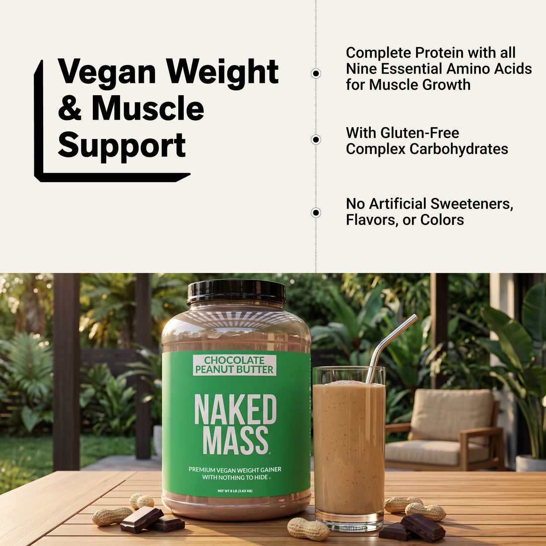 Chocolate Peanut Butter Vegan Mass Gainer Supplement | Naked Vegan Mass - 8LB