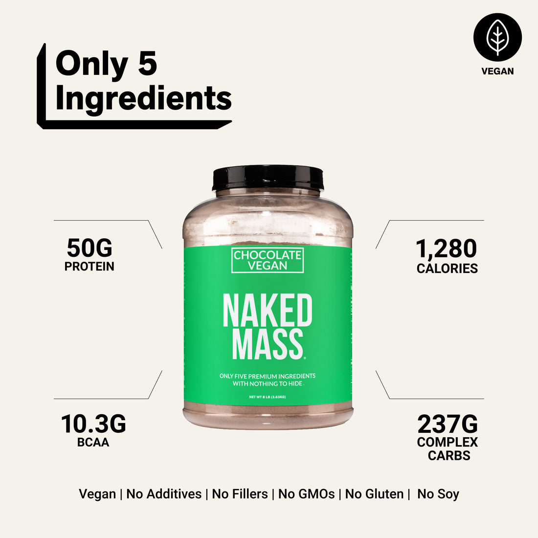 Chocolate Vegan Mass Gainer Supplement | Naked Vegan Mass - 8LB