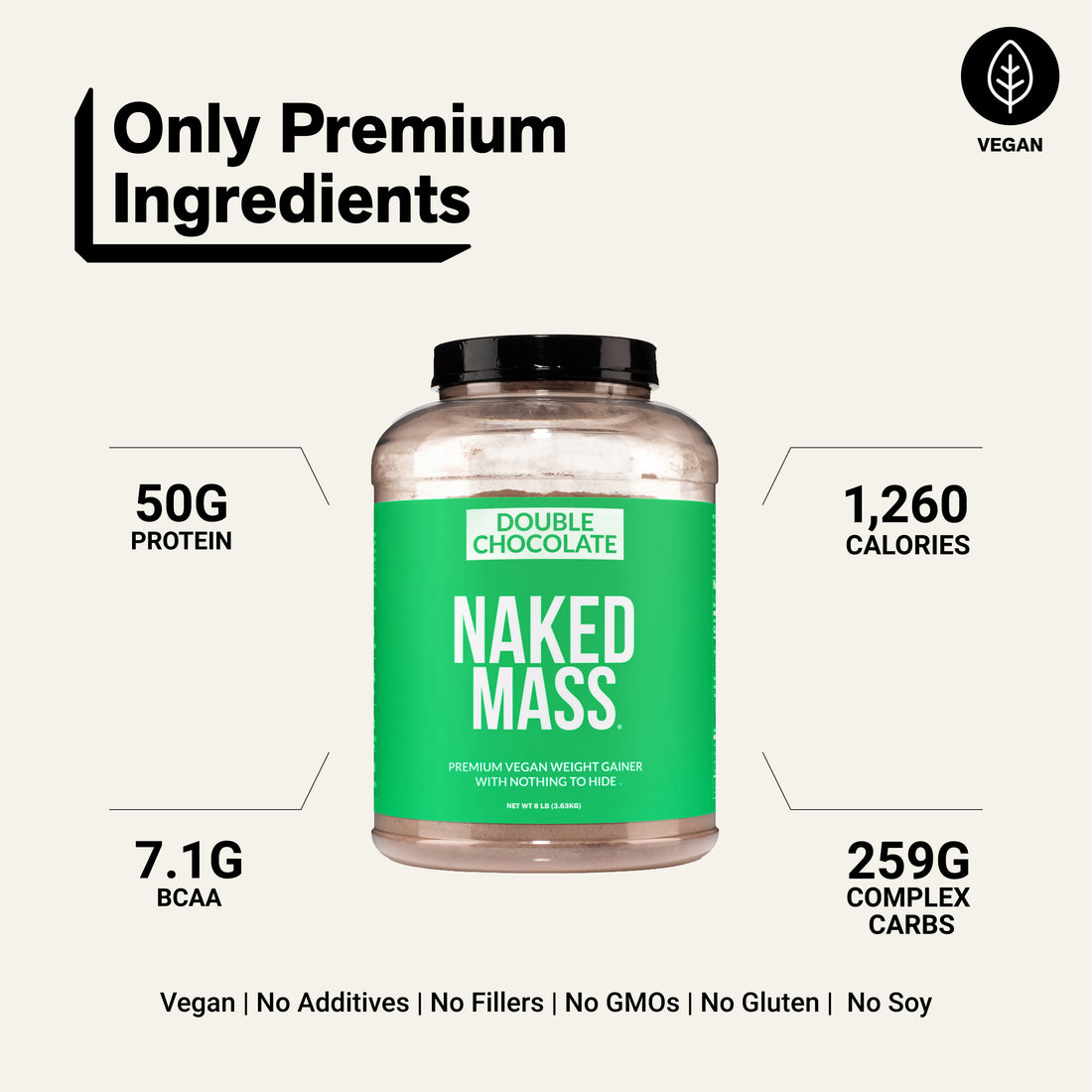 Double Chocolate Vegan Mass Gainer Supplement | Naked Vegan Mass - 8LB