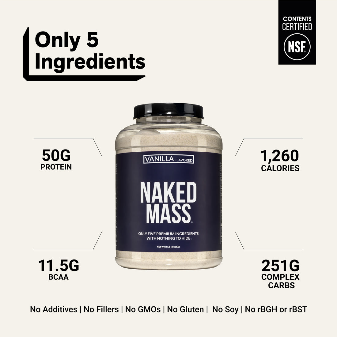 Vanilla Mass Gainer Protein Supplement | Naked Vanilla Mass - 8LB