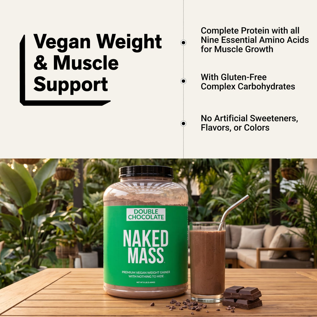 Suplemento vegano para aumentar de peso con doble chocolate | Naked Vegan Mass - 8 libras 