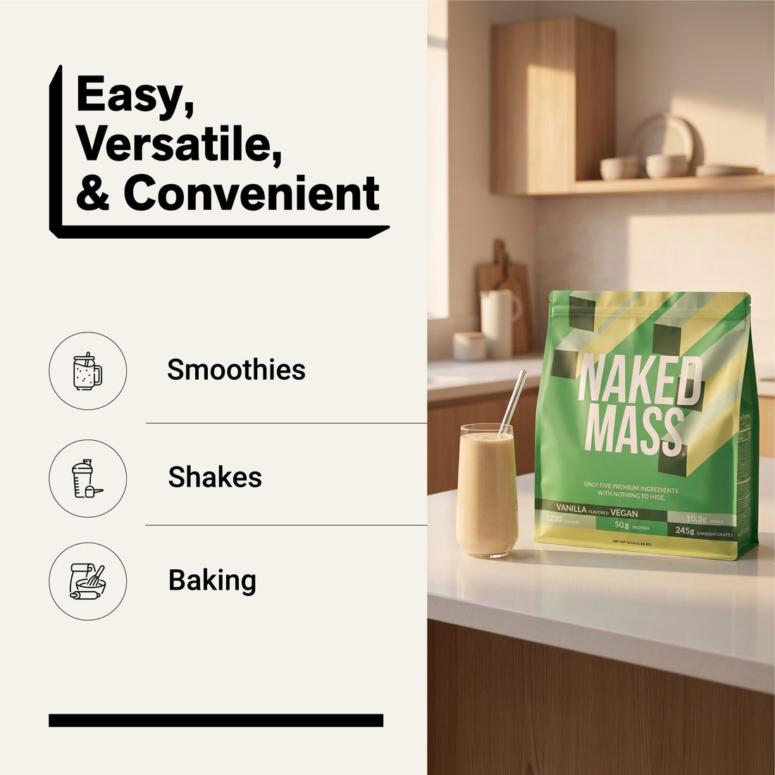 Vanilla Vegan Weight Gainer Supplement | Naked Vegan Mass - 12LB