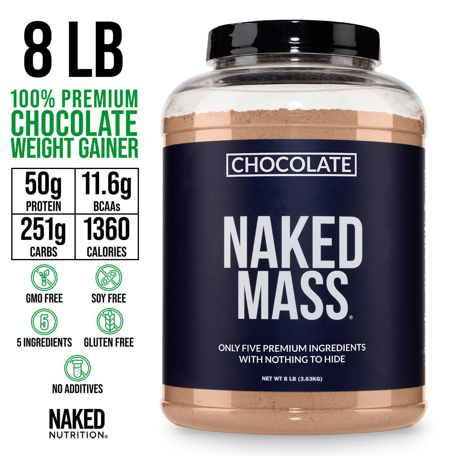 Suplemento proteico para aumentar de peso con chocolate | Naked Chocolate Mass - 8 libras