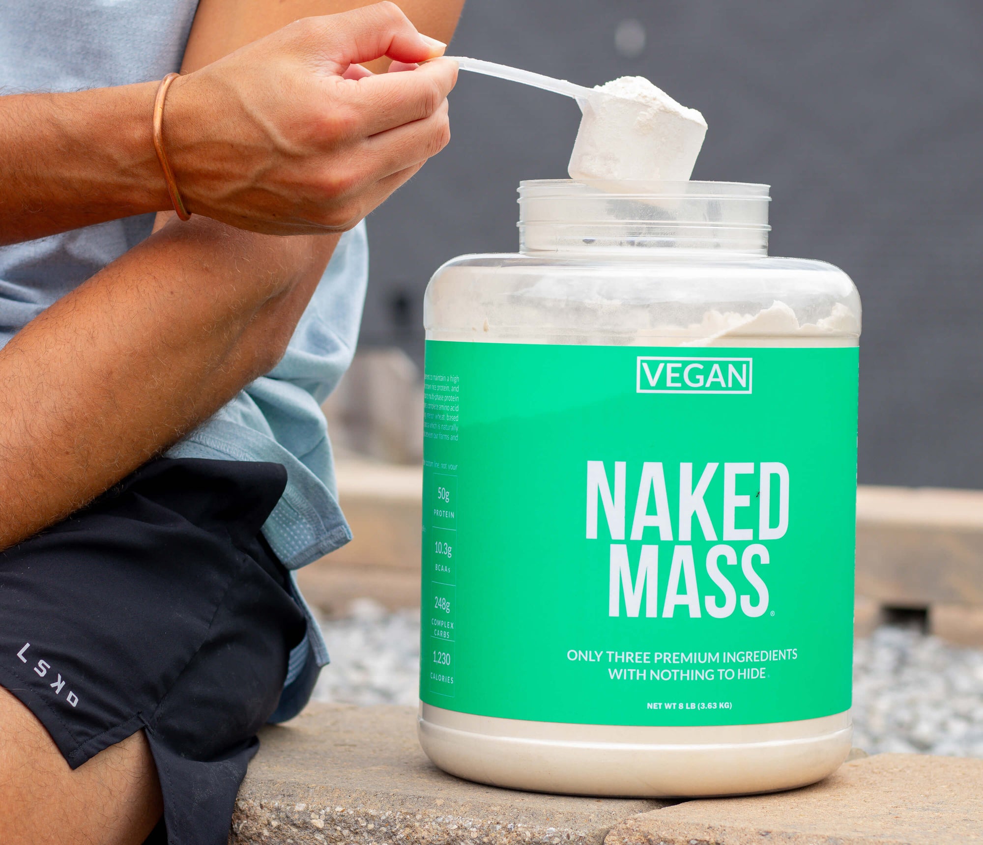 Mix six scoops into 24oz of non-dairy milk or your favorite beverage. Add fruits and vegetables for taste as Vegan Naked Mass is unflavored.