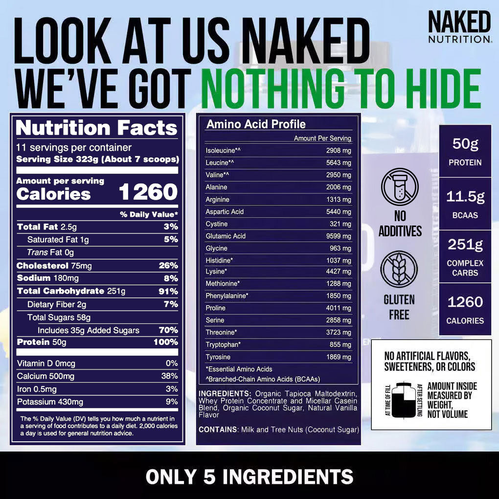 Suplemento proteico para aumentar de peso con sabor a vainilla | Naked Vanilla Mass - 8 libras