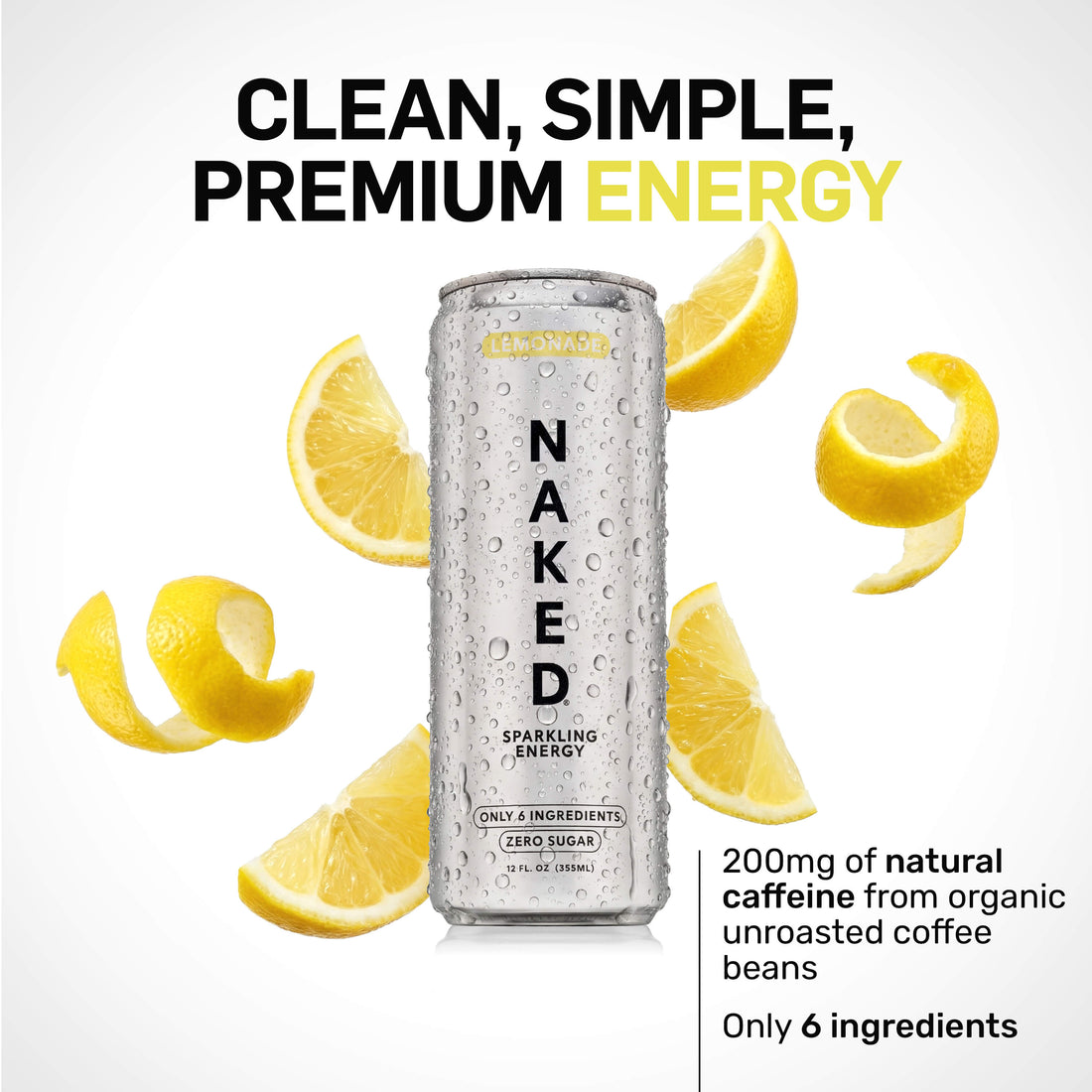 Lemonade Naked Sparkling Energy | Clean Energy Drink - 12 canettes
