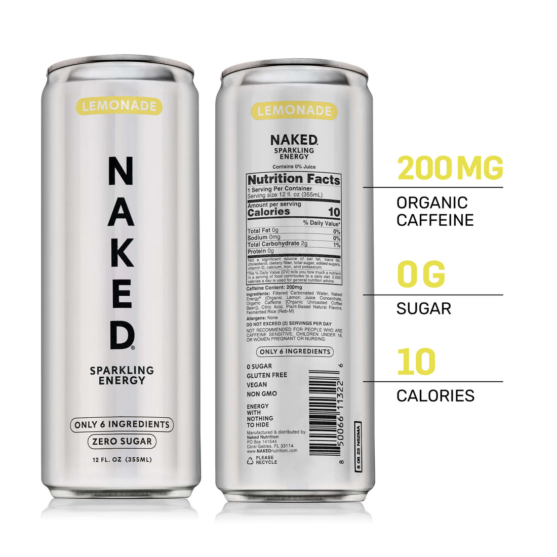 Lemonade Naked Sparkling Energy | Clean Energy Drink - 12 canettes