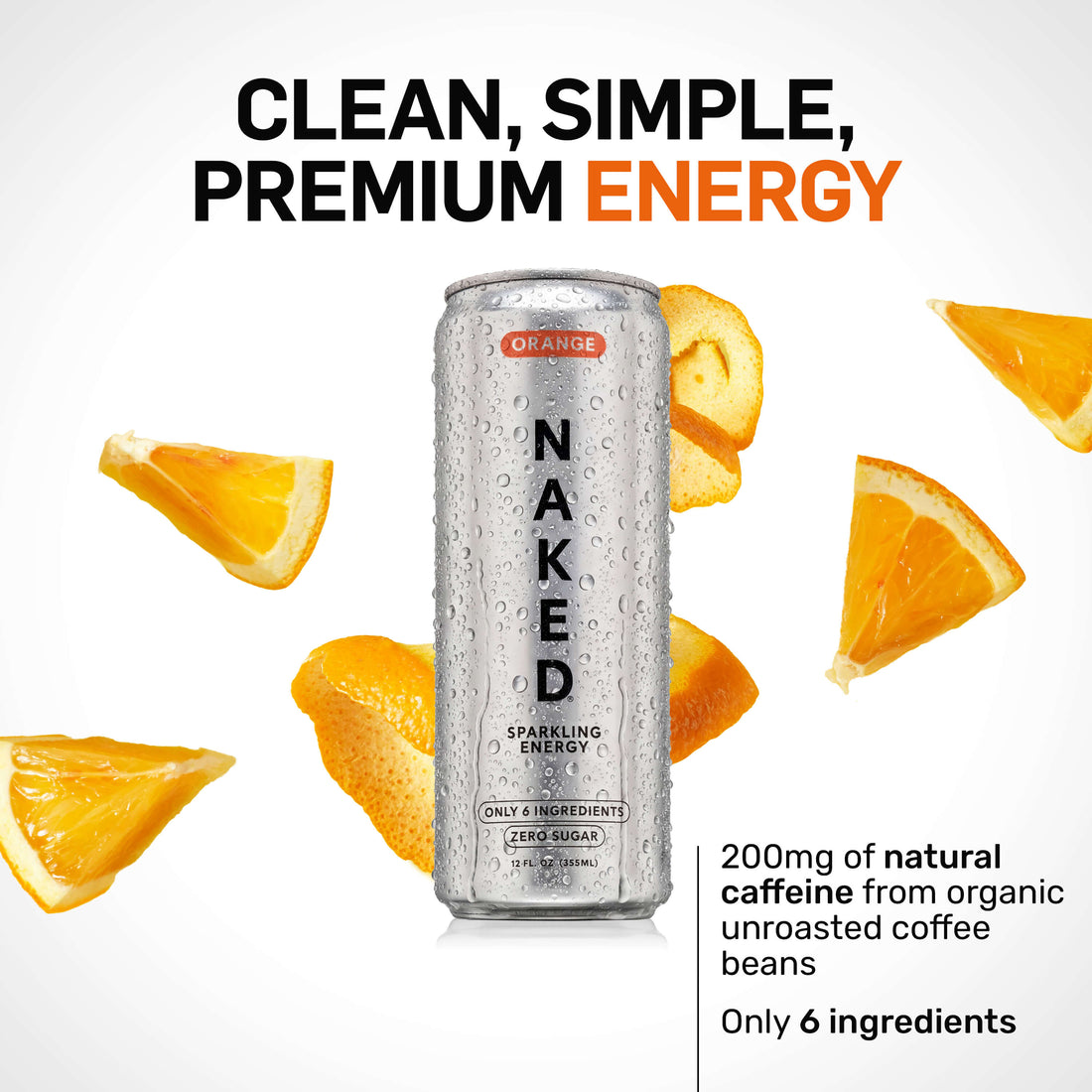 Orange Naked Sparkling Energy | Clean Energy Drink - 12 canettes