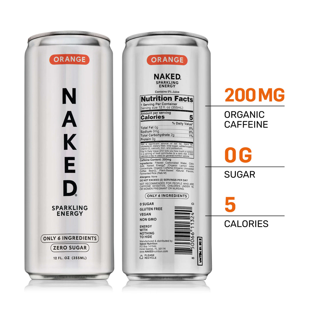 Orange Naked Sparkling Energy | Clean Energy Drink - 12 canettes