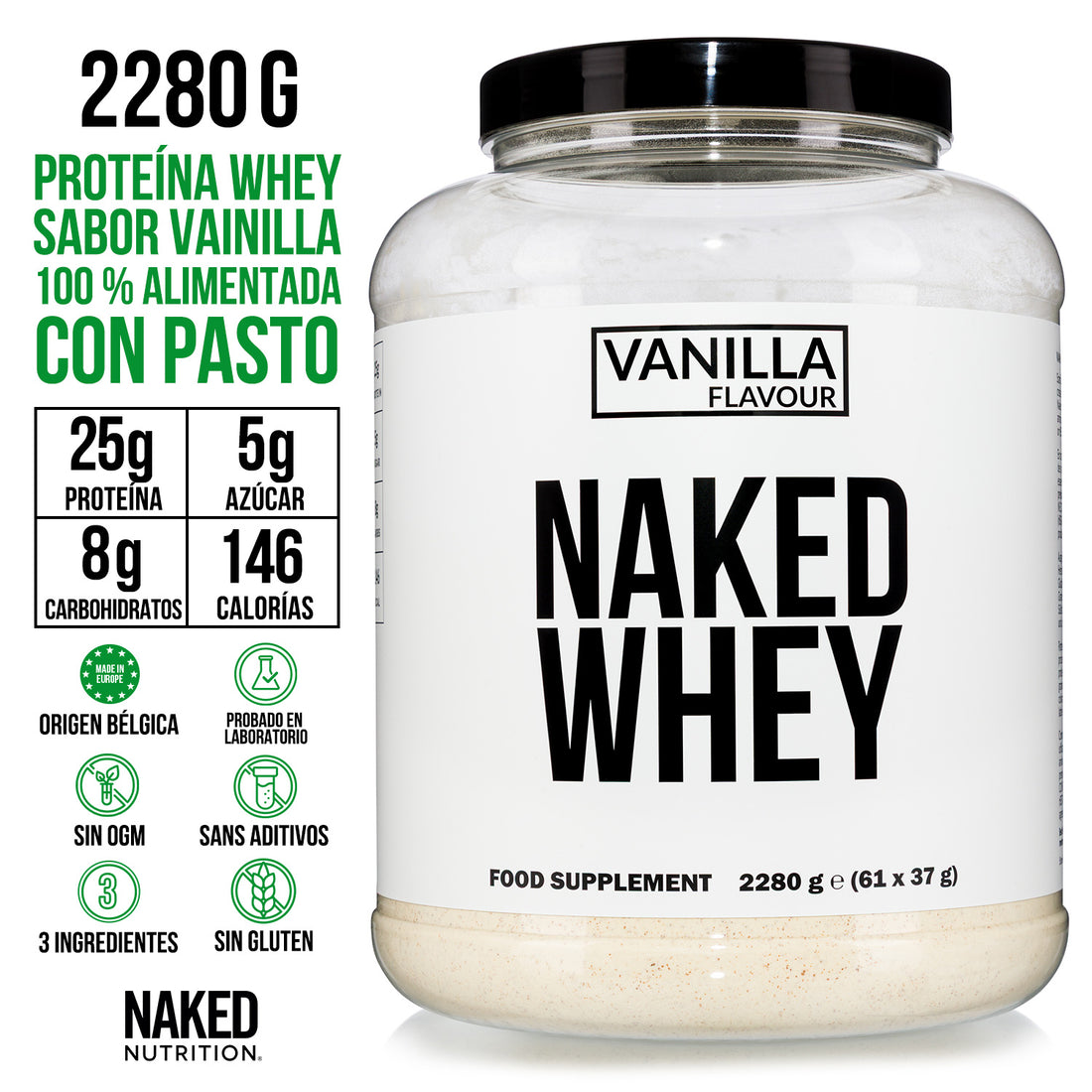 Proteína de suero de leche en polvo con sabor a vainilla | Naked Vanilla Whey - 5 libras