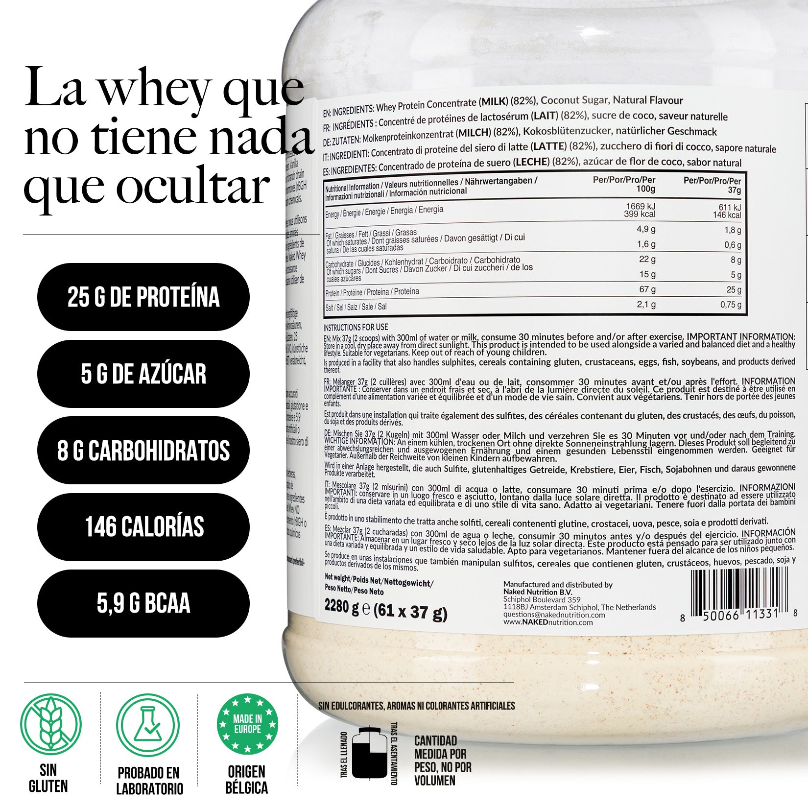 Proteína de suero de leche en polvo con sabor a vainilla | Naked Vanilla Whey - 5 libras