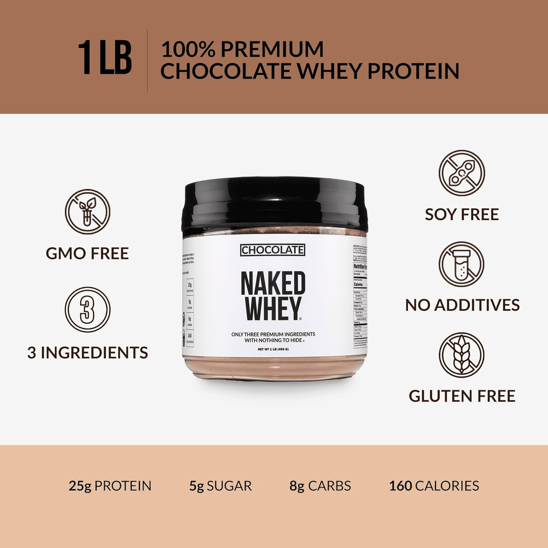 Proteína de suero de leche en polvo con sabor a chocolate, 1 libra | Naked Chocolate Whey - 1 libra