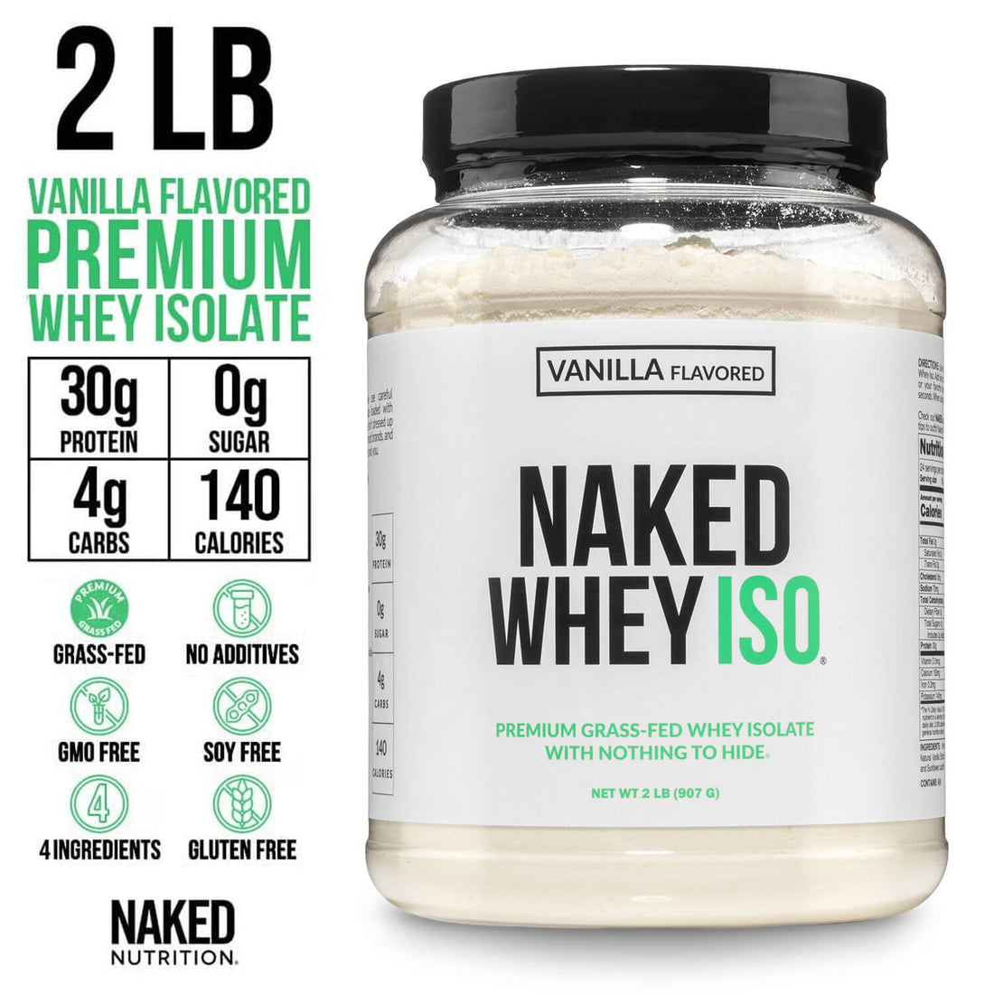 Proteína en polvo de suero de leche aislado de animales alimentados con pasto | Aislado de suero de leche Naked - 2 libras
