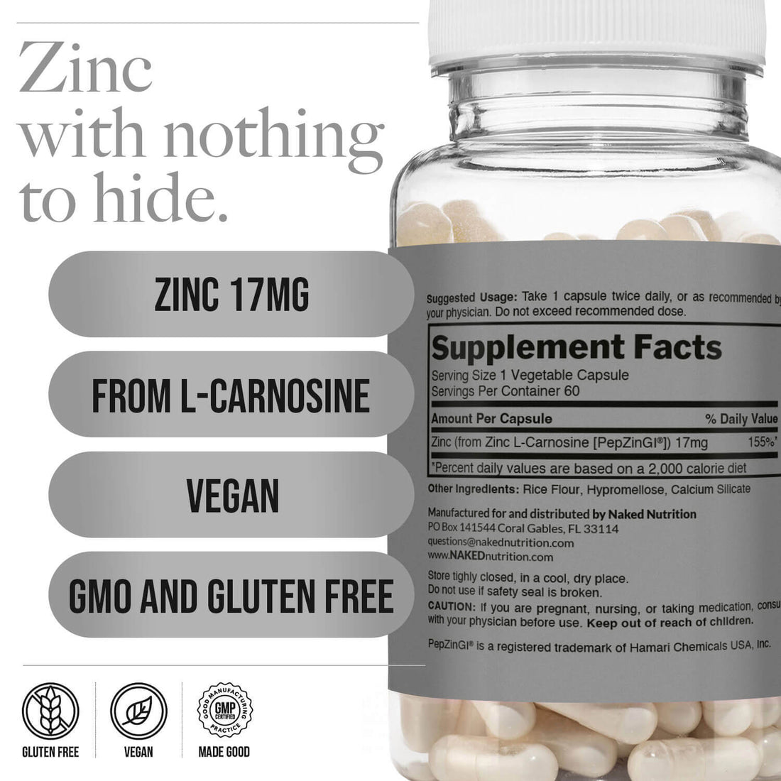Complément quotidien de zinc | Zinc Carnosine Naked - 60 capsules