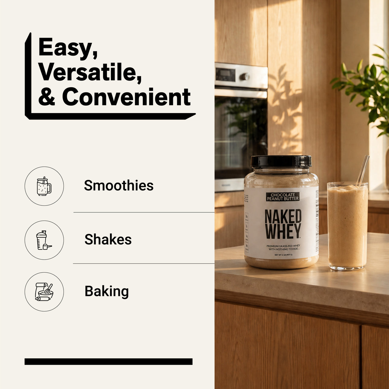 chocolate peanut butter whey protein smoothies shakes baking