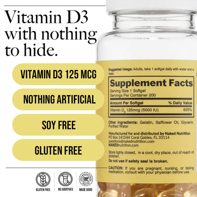 Supplément quotidien de vitamine D3 | Naked Vitamin D - 200 capsules molles