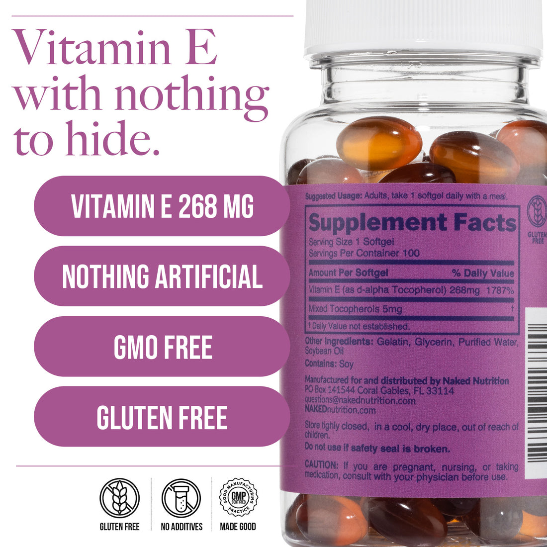 Complément quotidien de vitamine E | Vitamine E Naked - 100 capsules molles