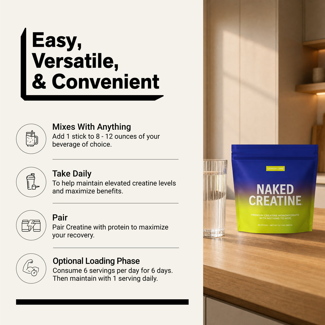 Citroen Limoen Creatine Reisverpakkingen | Naked Creatine - 30 Porties