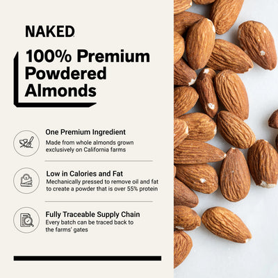 Naked Almond protein powder made from 100% California almonds.