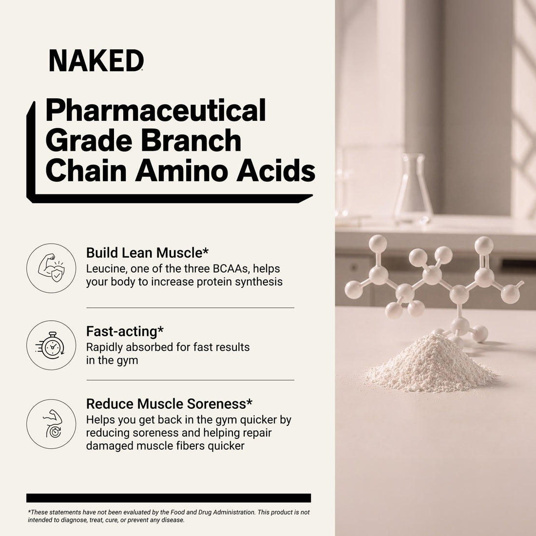 naked bcaas powder supporting lean muscle growth and workout recovery.