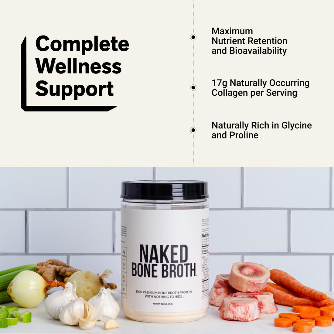 Naked Bone Broth Protein Unflavored with 17g collagen per serving.