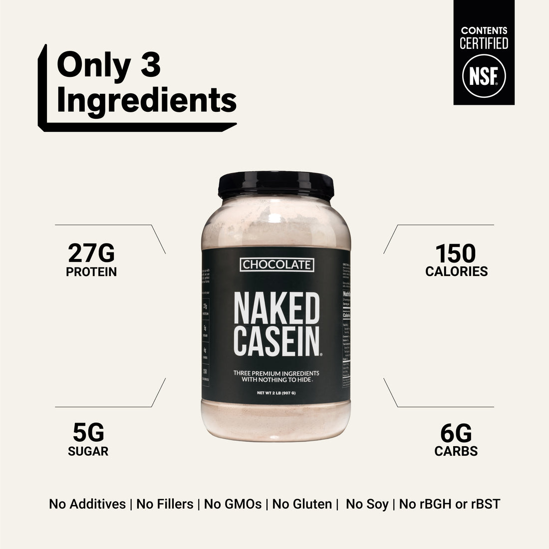 naked casein chocolate 2lb with 3 ingredients and 27g protein.