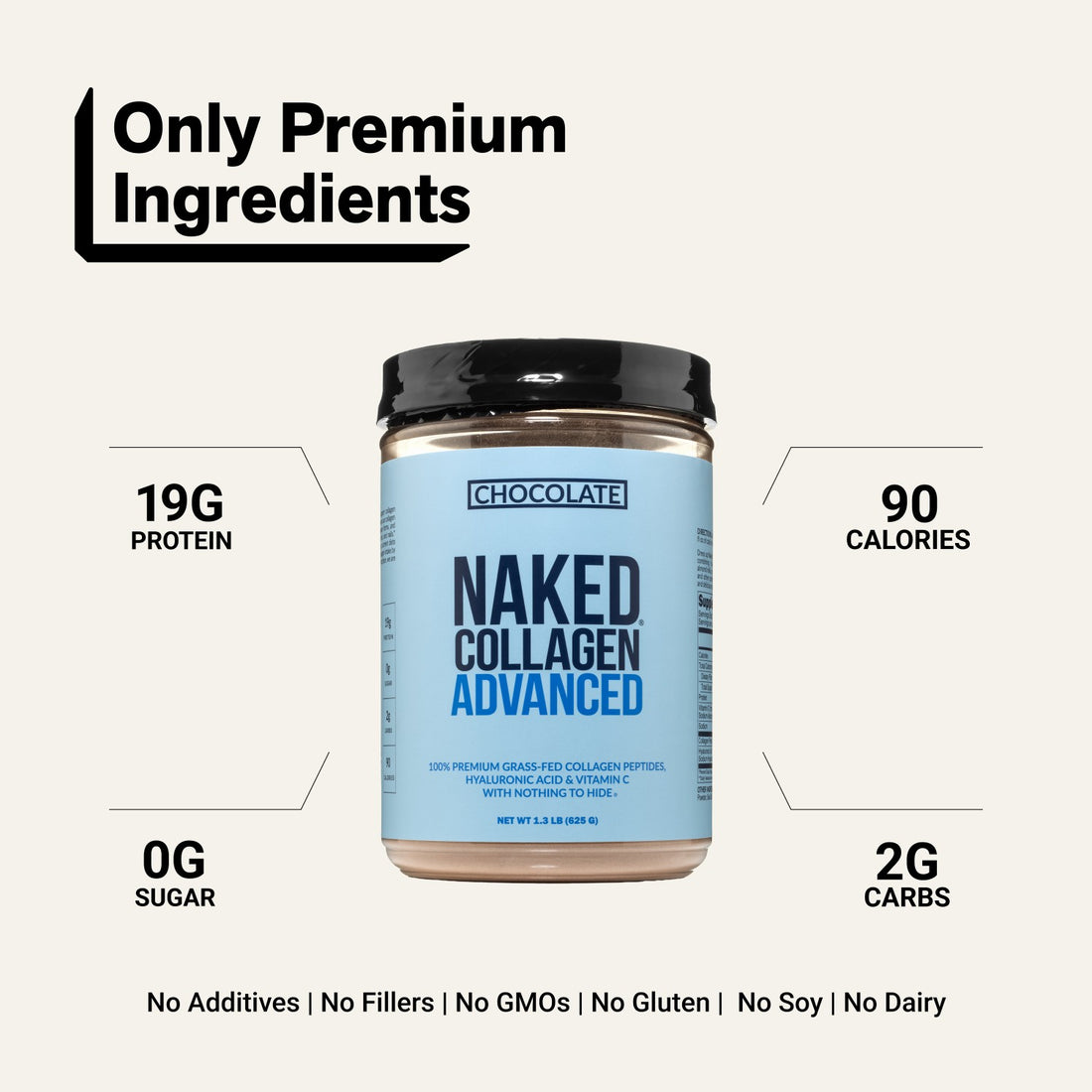 naked collagen advanced chocolate with 19g protein and 90 calories.