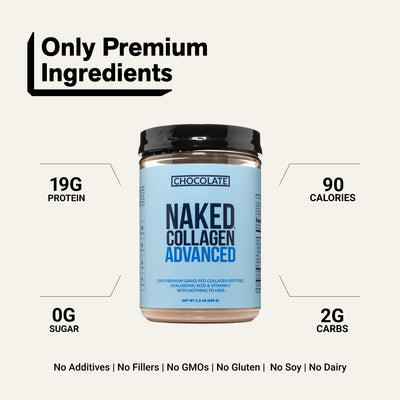 naked collagen advanced chocolate with 19g protein and 90 calories.