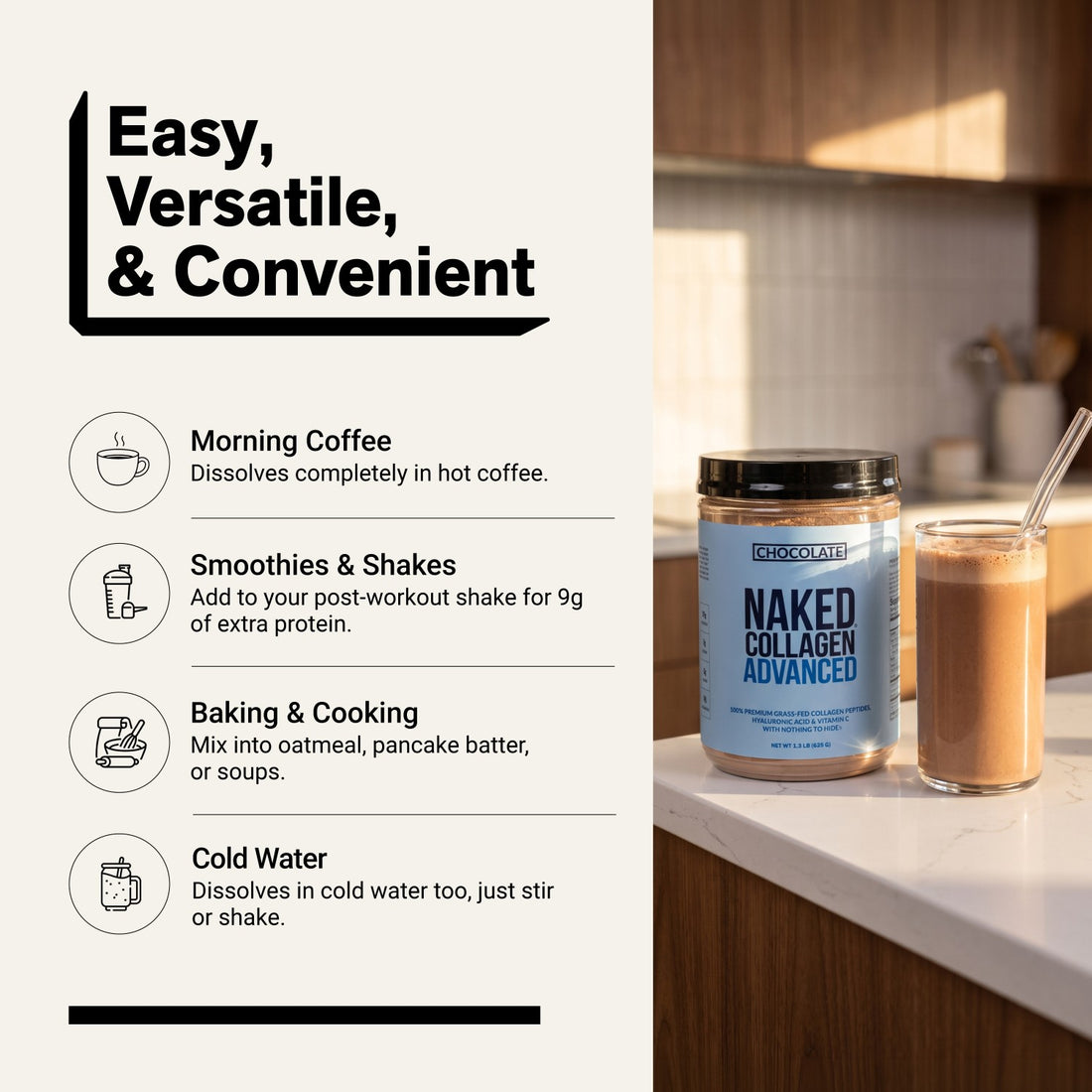 naked collagen advanced chocolate powder for coffee, smoothies, and baking.