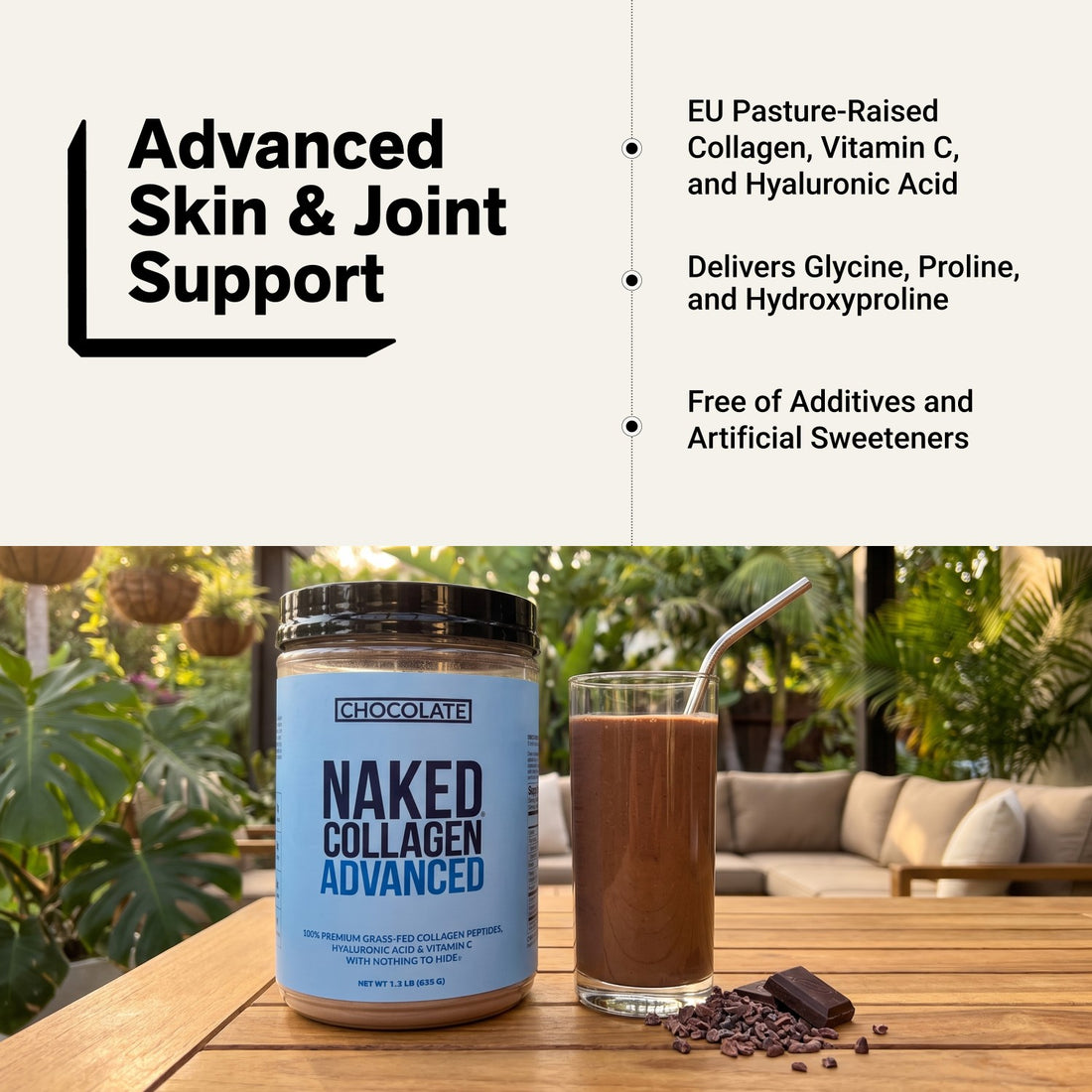 naked collagen advanced chocolate peptides for skin and joint support.