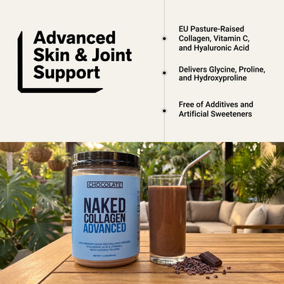naked collagen advanced chocolate peptides for skin and joint support.