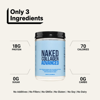 naked collagen advanced unflavored with 3 ingredients and 18g protein.