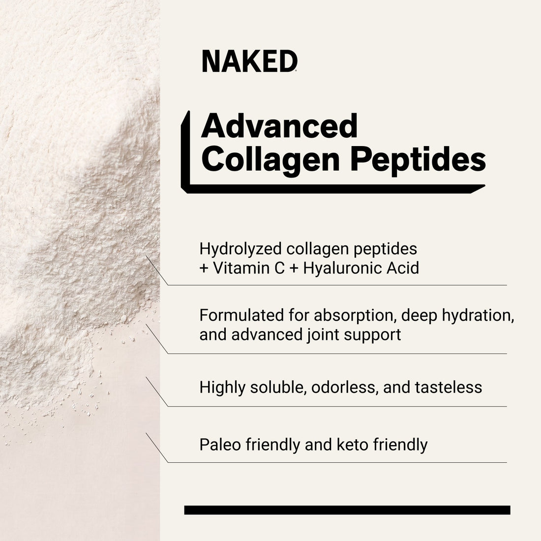 naked collagen advanced unflavored with 3 ingredients and 18g protein.