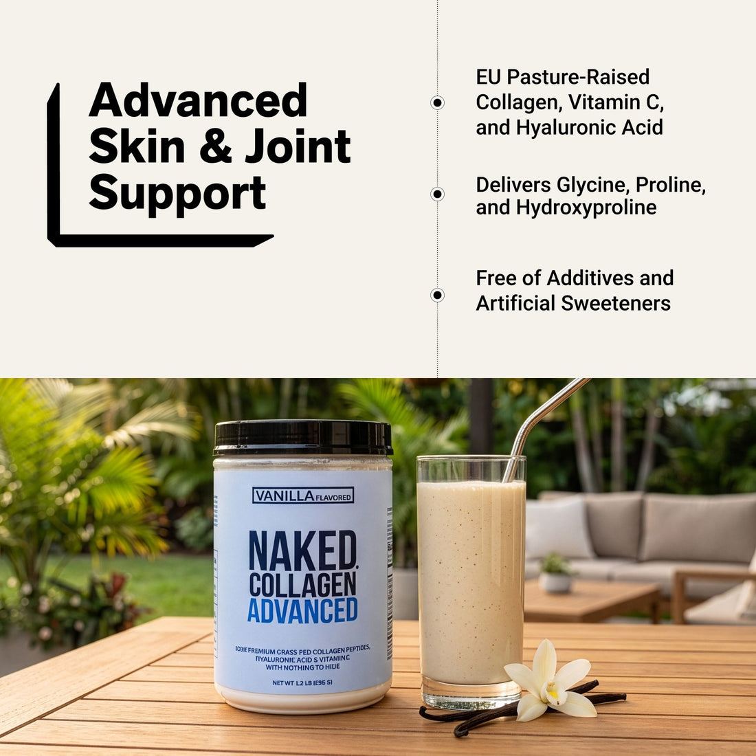 naked collagen advanced vanilla with vitamin c for skin and joints.