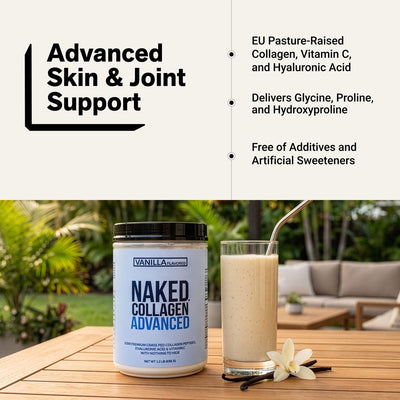 naked collagen advanced vanilla with vitamin c for skin and joints.