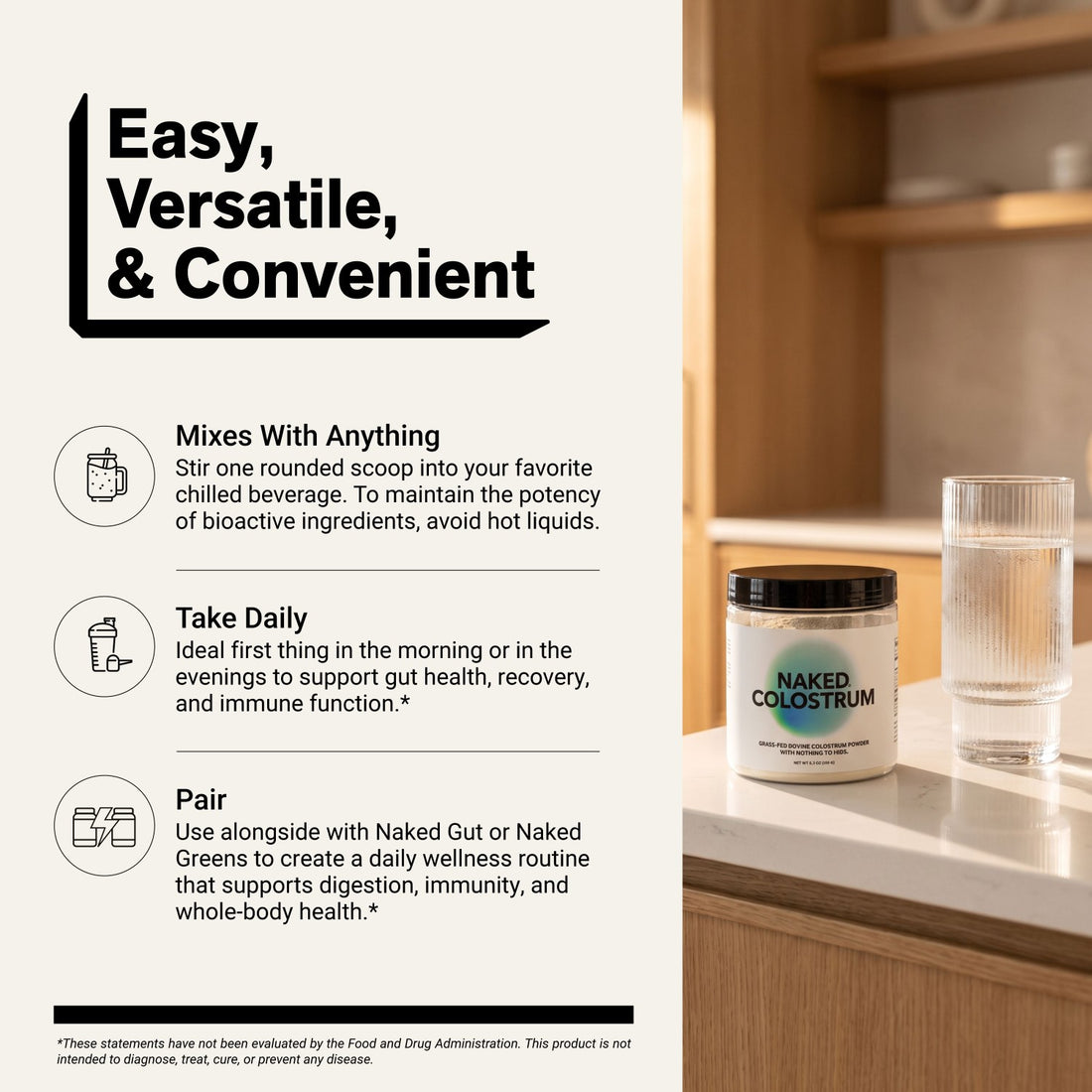 naked colostrum powder for daily use in chilled drinks and smoothies.