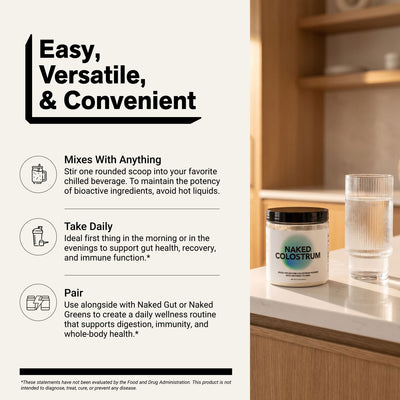 naked colostrum powder for daily use in chilled drinks and smoothies.