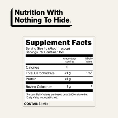 naked colostrum supplement facts with 1g bovine colostrum per serving.
