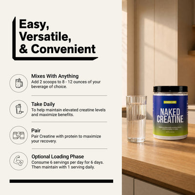 Naked Creatine Lemon Lime powder with daily usage and mixing instructions.