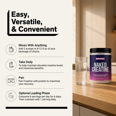 1. How to Use: Naked Creatine Strawberry mixing and daily usage instructions.