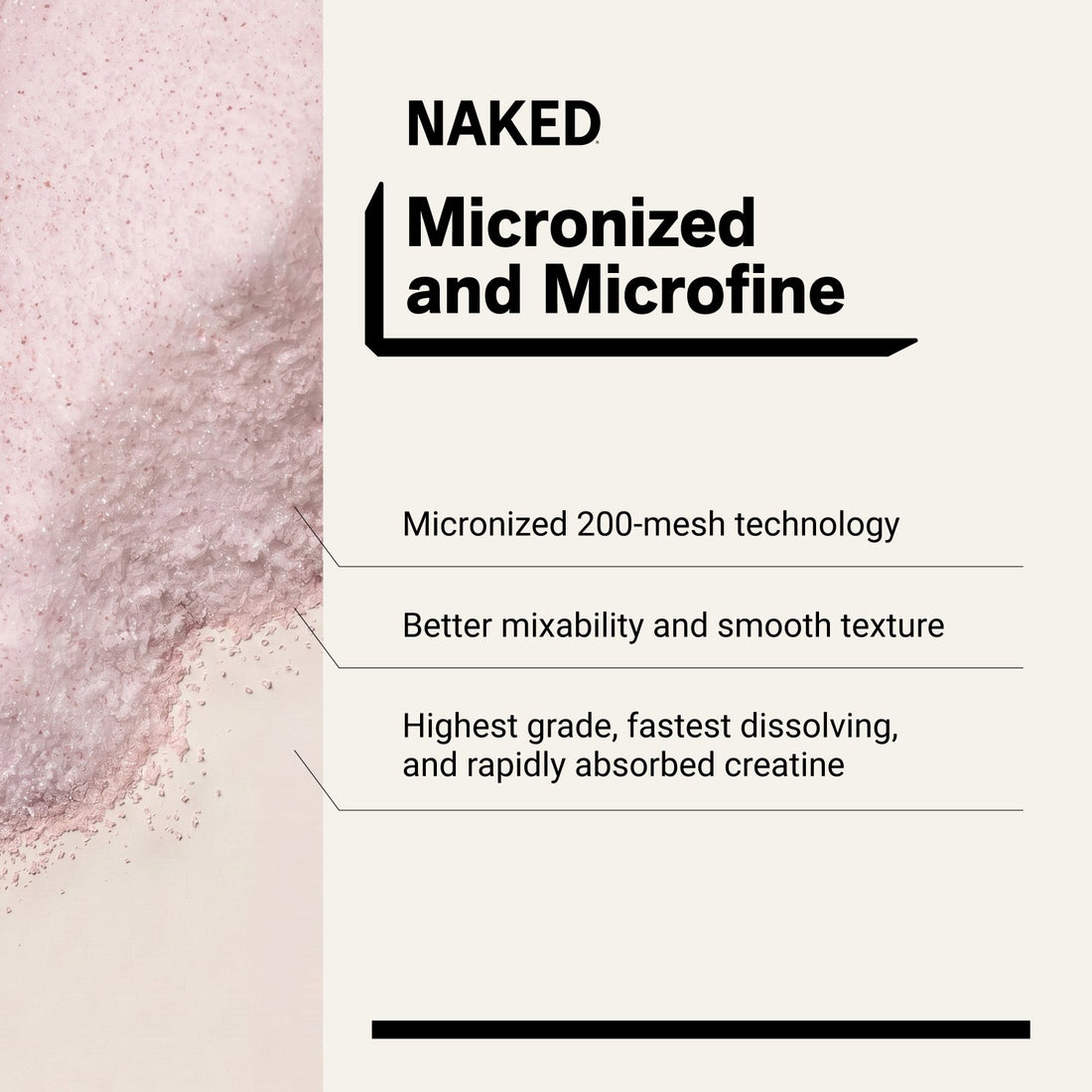 Naked Creatine Strawberry 500g powder featuring 5g creatine monohydrate per serving, 20 calories, 1g sugar, and 5g carbohydrates.